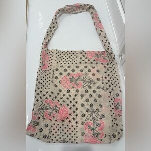 New Free People Ivory Pink & Black Floral Mesh Cotton Hobo Style Fabric Tote